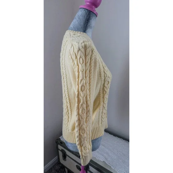 Vintage LL BEAN Women's Cabled Cotton Sweater Yellow Crew Neck Small - Picture 2 of 6